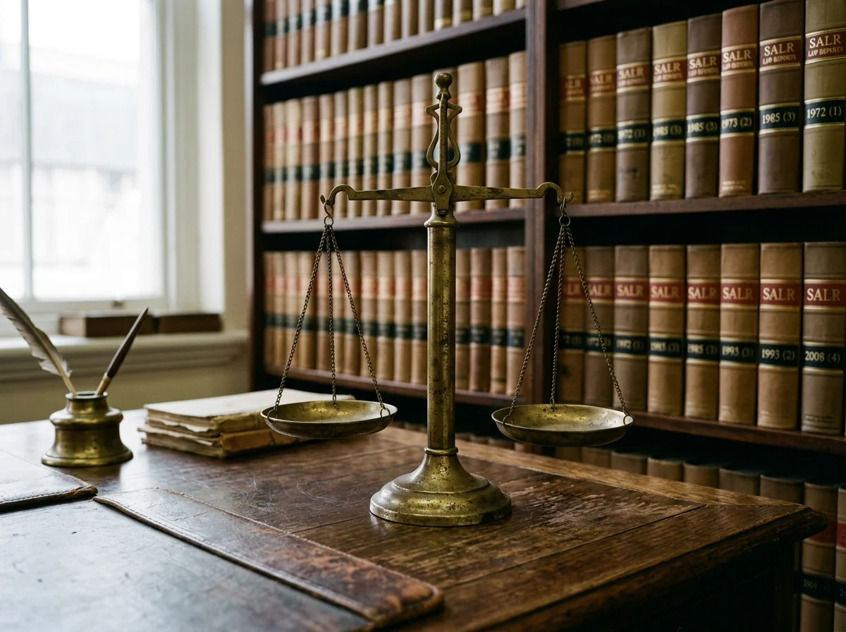 Balance scales of justice and South African Law Reports in firm library