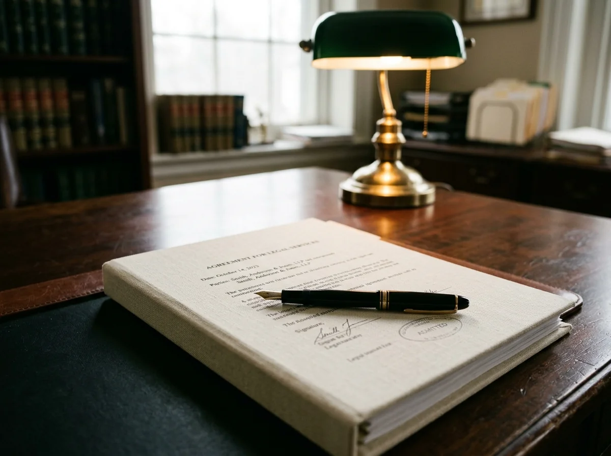 Law firm study desk with legal brief and fountain pen